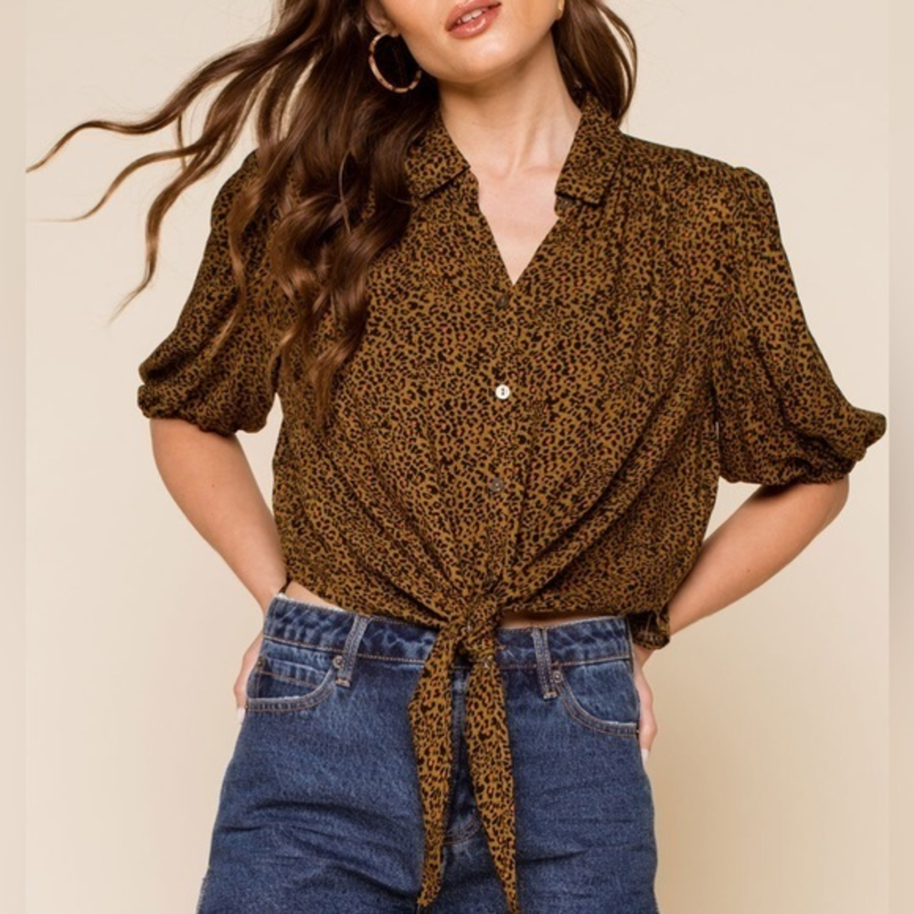 Free People Celia‎ Printed Blouse Leopard XS